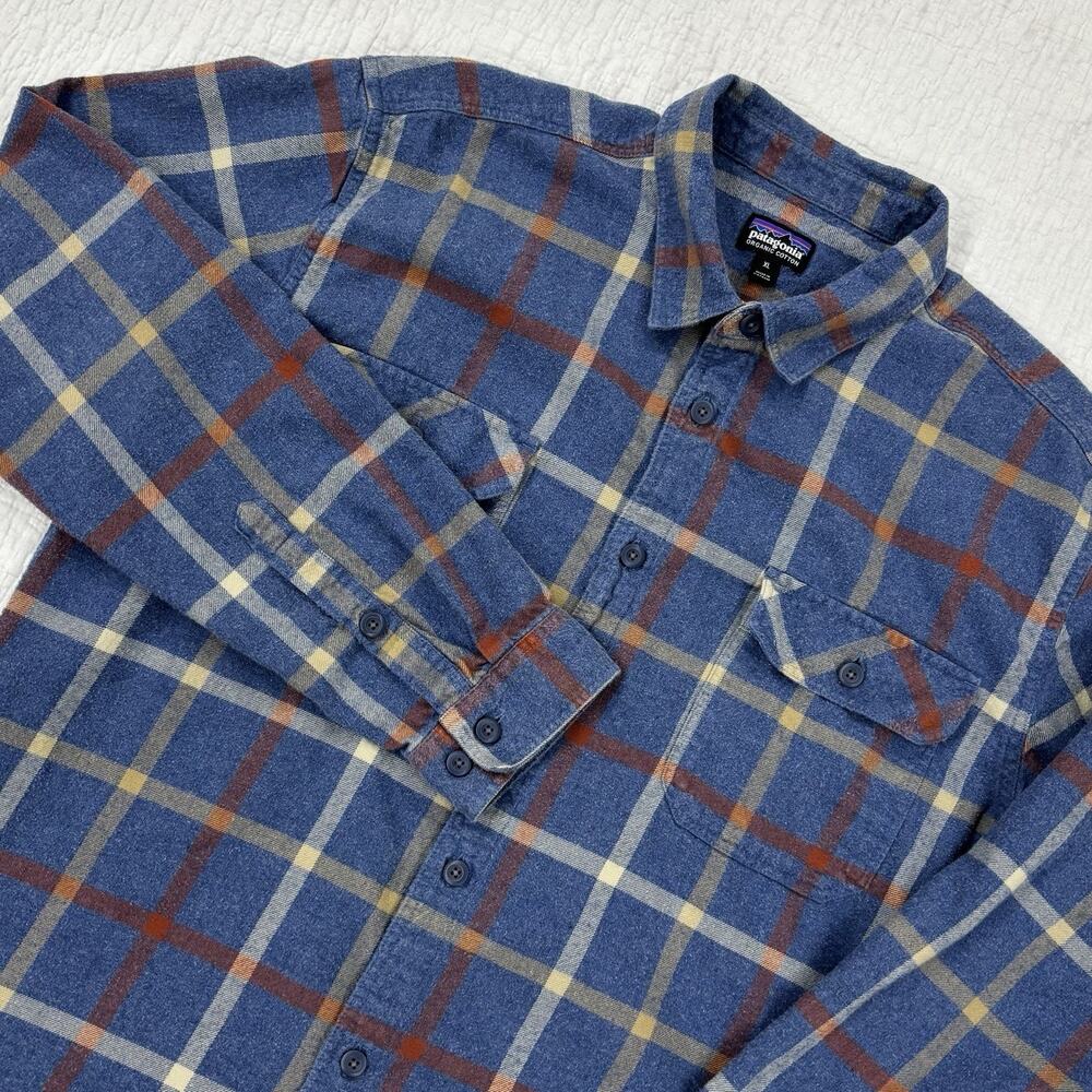 Patagonia Mens Large Organic Cotton Flannel Shirt Blue Plaid Long Sleeve Button